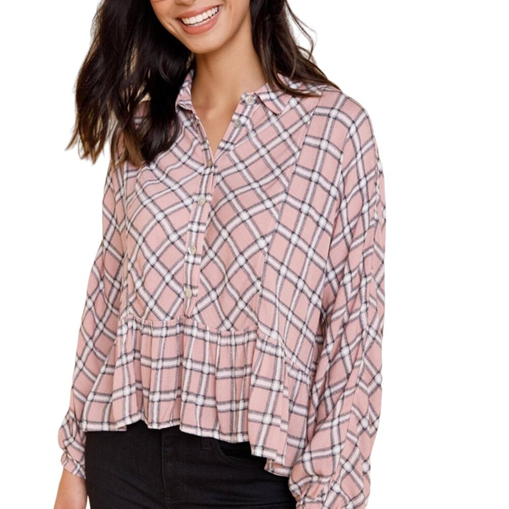 NWT JUN & IVY Pink Oversized "Zanna" Plaid Oversized Button Up Ruffled‎ Top Sz S
